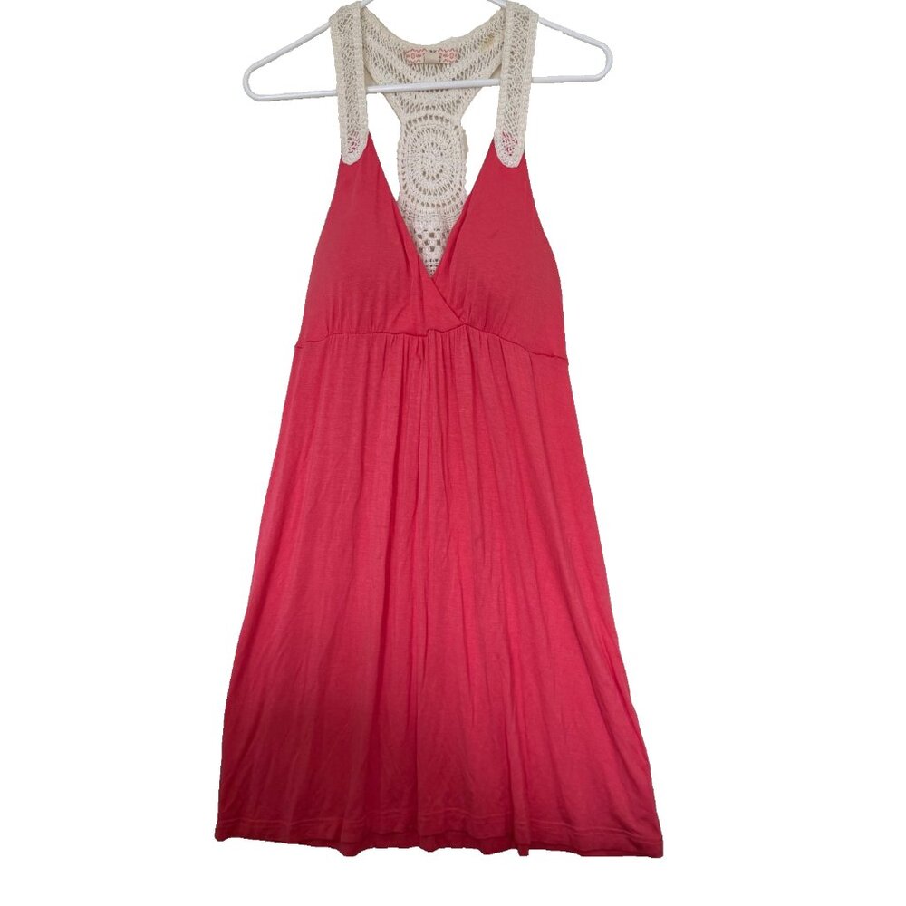 Boho Coral Babydoll Mini Dress Large Crochet Racerback Padded Festival Hippie